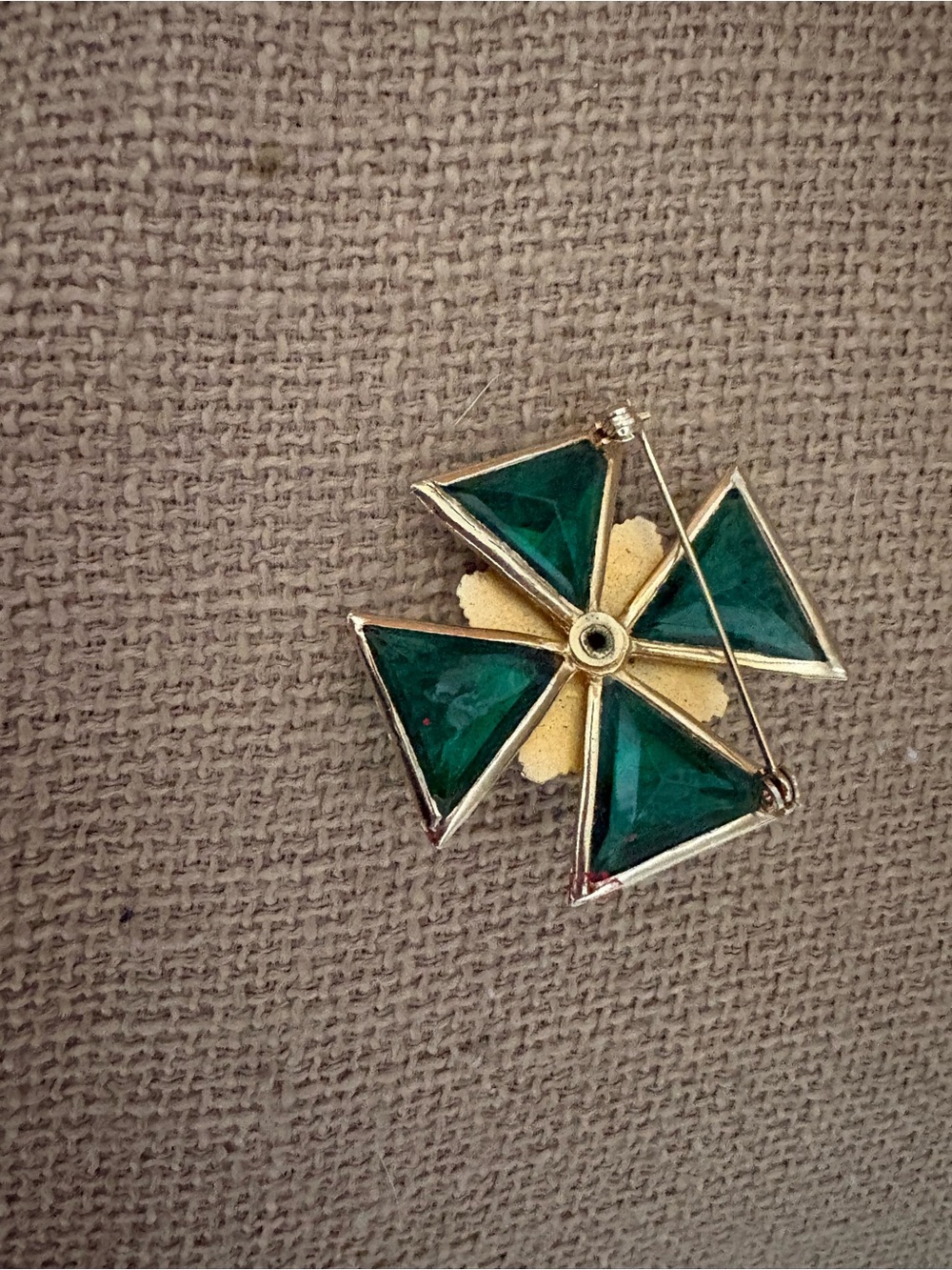 Gold-Tone Green Triangle Floral Brooch